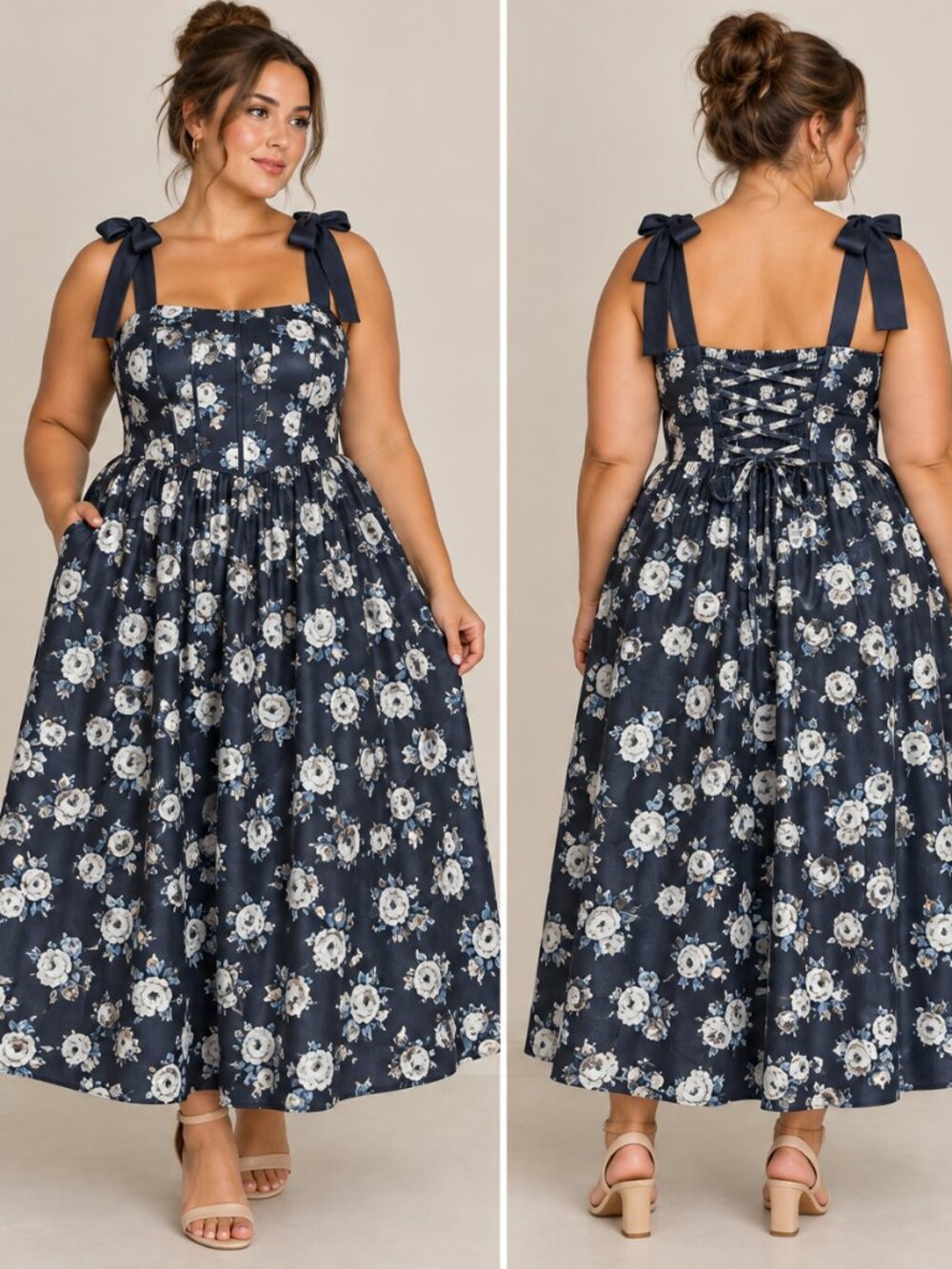 EYWOL Navy Blue Floral Midi Dress 2XL Lace Up Corset Back Tie Straps Cottagecore